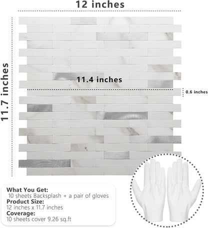 STICKGOO Peel and Stick Backsplash,PVC Wall Tiles Stick on Backsplash for Kitchen(10 Sheets, Statuario White with Metal Silver)