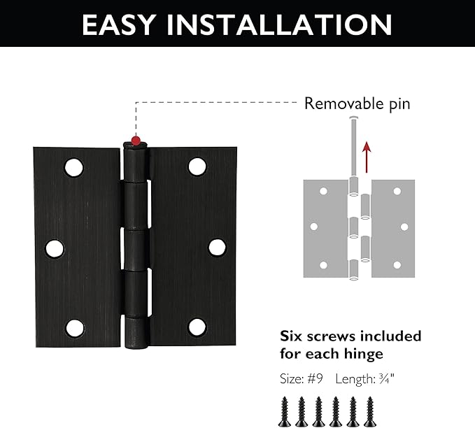 Design House Door Hinges for Interior Doors 10-Pack 3-1/2-inch x 3-1/2-inch, Design House Square Corner Steel Door Hinge Door Hardware, Oil Rubbed Bronze, 181503