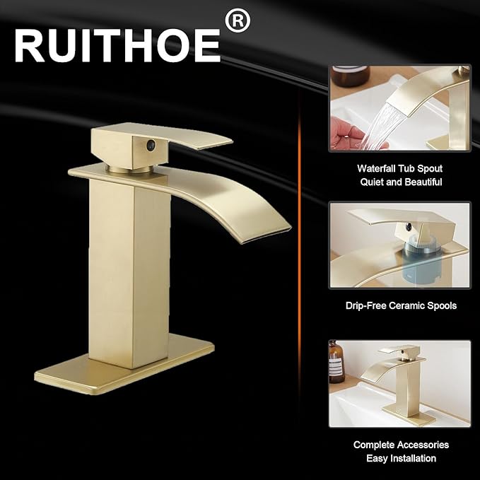 Gold Bathroom Faucet, Waterfall Bathroom Sink Faucet, Single Hole Deck Mounted Single Handle Lavatory Vanity with Pop Up Drain Parts Mixer Tap Basin Modern Bath Brushed Gold