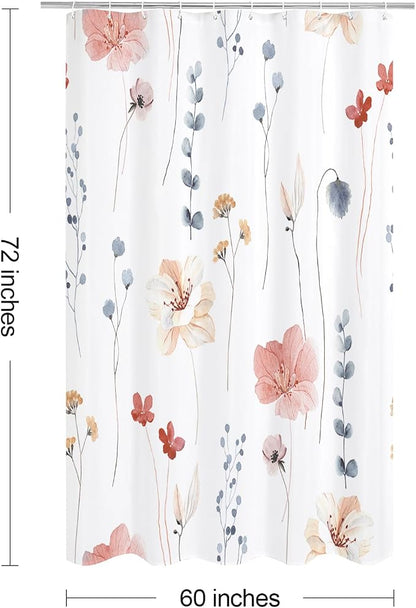 Coral Beige Watercolor Floral Fabric Shower Curtain, 60x72 | Waterproof Fabric, Modern Minimalist Floral Print, Machine Washable, Rustproof Grommets, for Bathroom Home, Stall