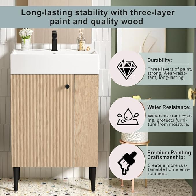 22" Small Bathroom Vanity with Sink, Morden Bathroom Vanities with Soft-Close Door and Open Shelf, Freestanding Narrow Vanity for Compact Space-Saving Bathrooms (Wood,22" Freestanding Right Shelf)