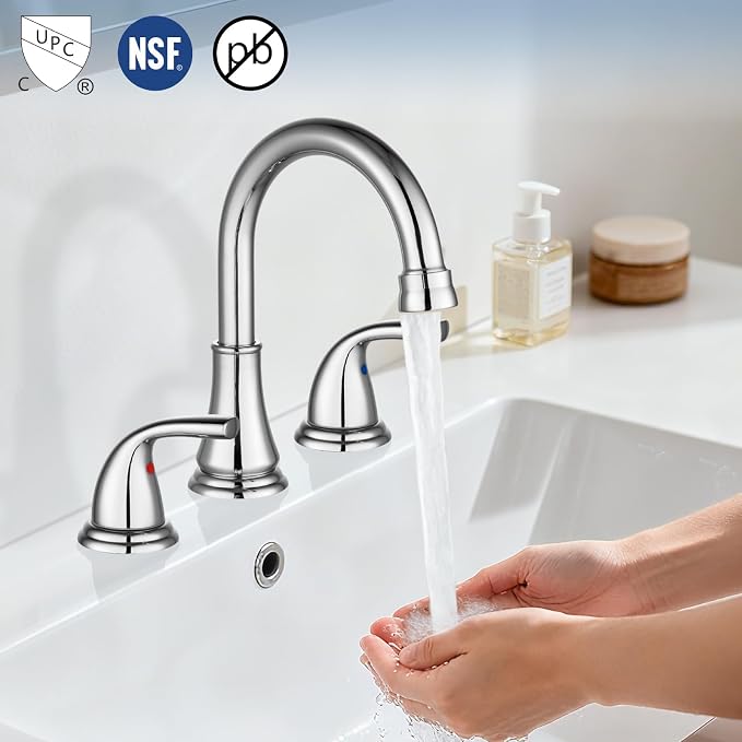 Polish Chrome Widespread Bathroom Sink Faucet, 3 Hole 8 Inch | Modern Bathroom Faucet 3-Hole,2 Handles,Pop-Up Drain & Supply Lines,Deck Mount Vanity Faucet,1.2 GPM,SUS304 Stainless Steel