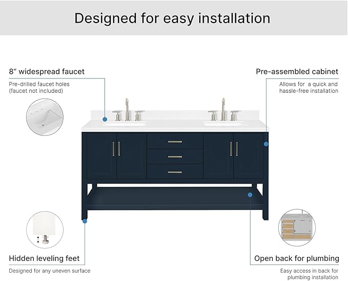 ARIEL Magnolia 72-inch Bathroom Vanity with Sink,Solid Wood, 1.5-inch Carrara White Quartz Countertop, Double Rectangular Porcelain Sink, 4 Soft Closing Doors, 3 Dovetail Drawers, Midnight Blue