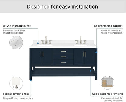ARIEL Magnolia 72-inch Bathroom Vanity with Sink,Solid Wood, 1.5-inch Carrara White Quartz Countertop, Double Rectangular Porcelain Sink, 4 Soft Closing Doors, 3 Dovetail Drawers, Midnight Blue