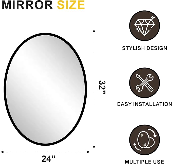 Black Oval Bathroom Mirror for Wall, 24"x32" Bathroom Vanity Mirror | HD Shatterproof Glass, Metal Framed, Oval Vanity Mirrors for Bathroom, Bedroom, Living Room, Entryway, Horizontal or Vertical