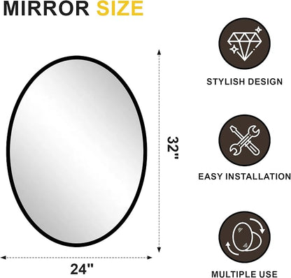 Black Oval Bathroom Mirror for Wall, 24"x32" Bathroom Vanity Mirror | HD Shatterproof Glass, Metal Framed, Oval Vanity Mirrors for Bathroom, Bedroom, Living Room, Entryway, Horizontal or Vertical