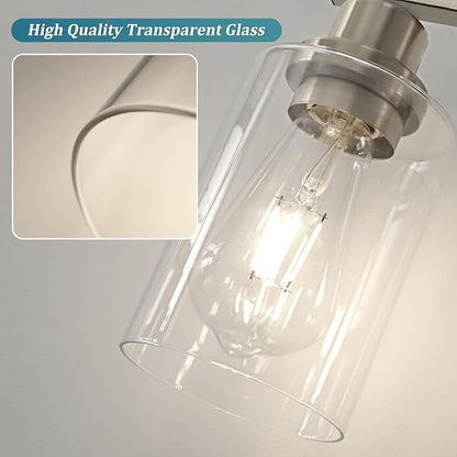 Unicozin Modern Brushed Nickel Bathroom Light Fixtures, 4-Light Vanity Lights Over Mirror with E26 LED Bulbs Included, Wall Sconce with Clear Glass Shades for Living Room Bedroom Hallway Kitchen