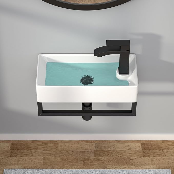 Wall Mount Sink Small - 17" x 9" Floating Bathroom Sink Rectangle White Porcelain Ceramic Right Hand Sink with Towel Rack