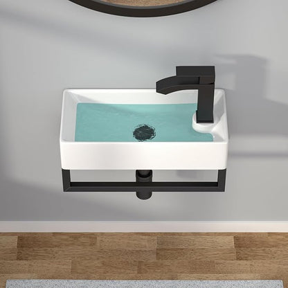 Wall Mount Sink Small - 17" x 9" Floating Bathroom Sink Rectangle White Porcelain Ceramic Right Hand Sink with Towel Rack