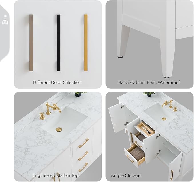 Vanity Art 60 inch Bathroom Vanity with Single Sink & Ceramic Top, Vanity Cabinet with Soft-Closing Doors, Drawers, Solid Wood Frame, White, VA9060-SW-GB1