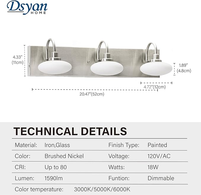 Dimmable LED Bathroom Vanity Light Fixture, 3-Light Brushed Nickel Wall Sconce Lighting Over Mirror,Modern Vanity Light for Cabinet Hallway,3000K-6000K