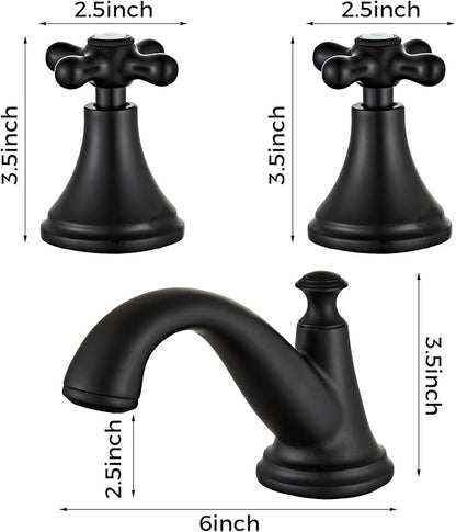 Vintage Widespread Bathroom Faucet, 3-Hole Sink Faucet with Drain Assembly, Solid Brass, Drip-Free Ceramic Cartridge, Adjustable 8-16 Inch Installation Matt Black