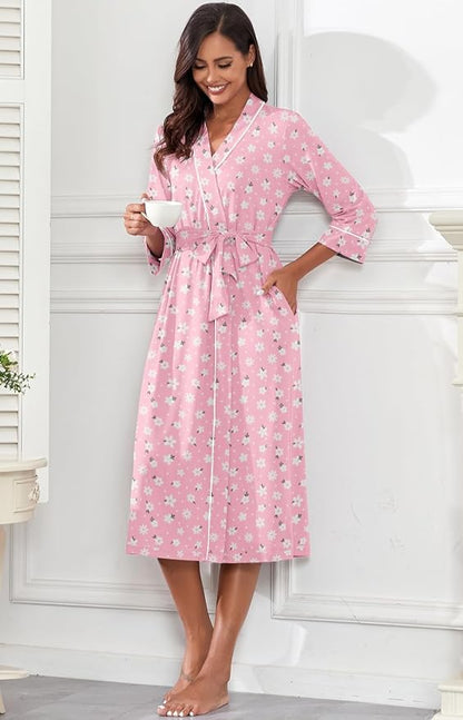 PrinStory Robes for Women 3/4 Sleeve Long Bath Robe XS-4XL | V-Neck Knit Bathrobe with Pockets, Lightweight, Soft, Breathable Robes for Shower, Spa, Travel, Home, Party, Nursing