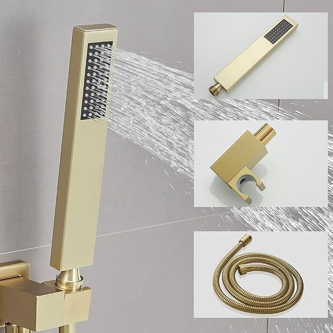 Brushed Gold Shower System with Tub Spout Wall Mounted Tub Shower Faucet Set for Bathroom with High Pressure 10" Rain Shower head and Handheld Shower Head Kit