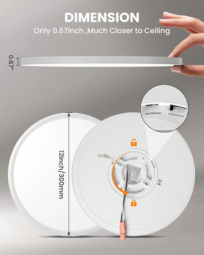 12Inch Flush Mount Ceiling Light, Dimmable 24W 5CCT Selectable, 0.67 Inch Slim Round Surface Mount LED Light Fixture for Laundry, Bedroom, 12 Inch 6Pack Black