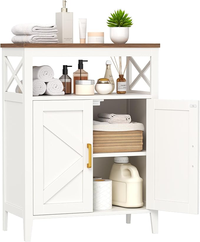 Bathroom Storage Cabinet with Doors, Adjustable Shelf, Wood Top | Adjustable Shelf