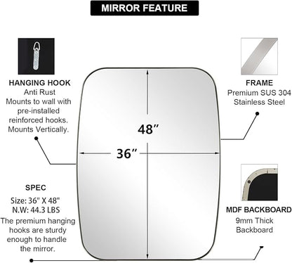 Brushed Nickel Oblong Mirror, 36x48 Inch Brushed Nickel Oval Mirror for Bathroom with Stainless Steel Metal Frame, Wall Mouned for Bathroom, Living Room, Entryway