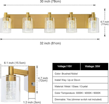 SineRise Vanity Light with 3 Color Modes (3000K/4000K/6000K), Eye Protection LED Bathroom Light Fixture, Dimmable Modern Wall Light Over Mirror with Clear Glass Shade (Gold, 5-Light)