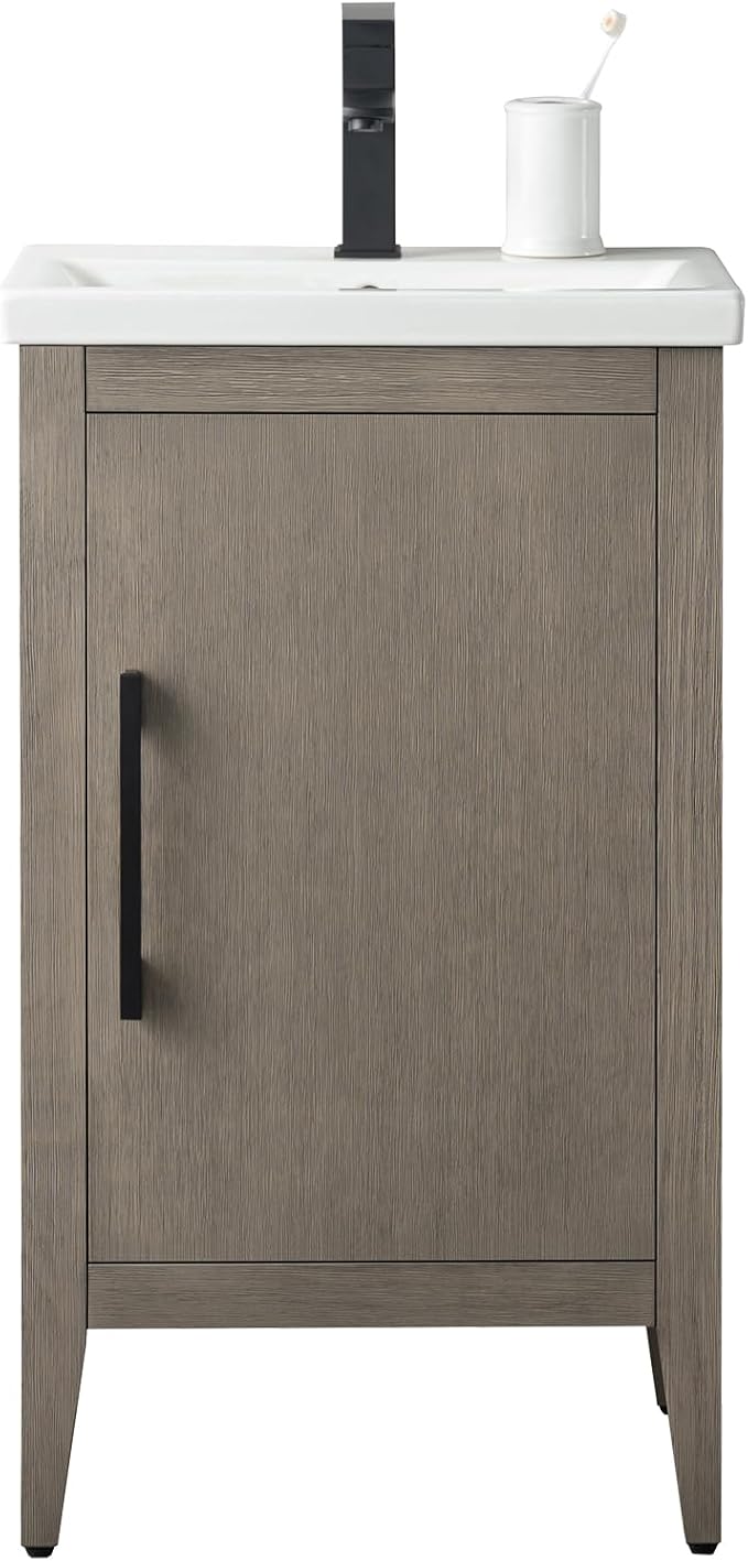HomeBeyond 20 Inch Bathroom Vanity with Sink & Ceramic Top, Single Vanity Cabinet with Basin, Soft-Closing Doors & Matte Black Hardware, Driftwood Gray