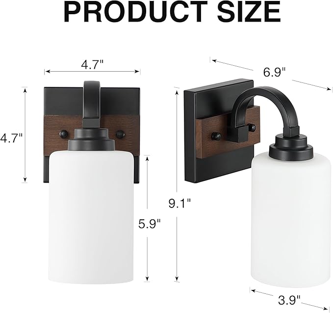 1-Light Milk Glass Wall Sconces, Farmhouse Vanity Light Fixtures for Bathroom, Black and Wood Wall Lighting, Wall Sconce for Hallway, Entryway, Bedroom, Living Room