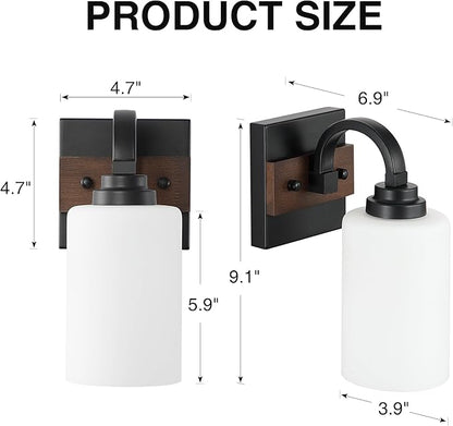 1-Light Milk Glass Wall Sconces, Farmhouse Vanity Light Fixtures for Bathroom, Black and Wood Wall Lighting, Wall Sconce for Hallway, Entryway, Bedroom, Living Room