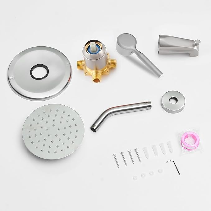 Tub Shower Faucet Set (Valve Included) with 6-Inch Rain Shower Head and Tub Spout Single-Handle Tub and Shower Trim Kit Brushed Nickel