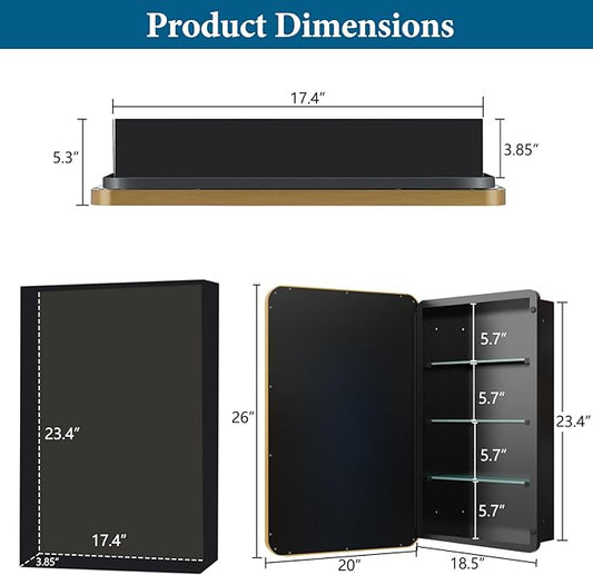 20’’x26’’ Medicine Cabinet,Metal Framed Medicine Cabinet Mirror with Round Corner,Recessed and Surface Mount Bathroom Mirror with Storage, Removeable Shelves,Gold