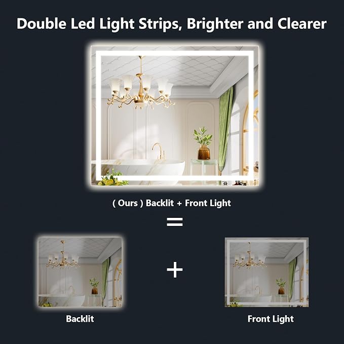 44x32 LED Bathroom Mirror with Lights, Lighted Vanity Mirror | Backlit and Front Light, Anti-Fog, 3 Color Dimmable, Memory, Tempered Glass, IP54 Waterproof, UL Listed