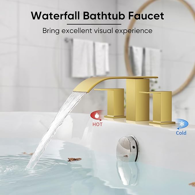 RUMOSE Roman Bathtub Faucet Set Waterfall Tub Faucets Brushed Gold | High Flow Widespread 6-16 Inch 3 Holes Deck Mount Tub Filler 2 Handles Bathtub Filler Soaking Bath Faucet