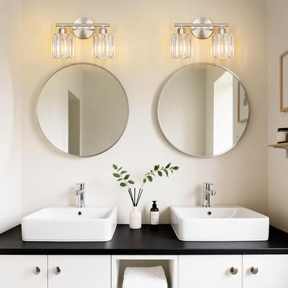 Modern 2 Light Crystal Vanity Light, Brushed Nickel Vertical Bathroom Light Fixture Over Mirror for Dressing Table Sink, Compatible with Dimmable Bulbs (Bulbs Not Included)