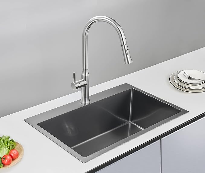 Black Topmount Kitchen Sink - 28”×18” Single Bowl Sink | 9 Inch Deep Handmade Bar Sink with Strainer, Stainless Steel 304, Center Drain, X-Groove Drainage, Sound-Dampening Pad