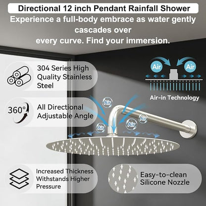 Shower Systems, Bostingner 12+6" Round Dual Rainfall Shower head with 2 in 1 Handheld Spray, Can Use All at Once, Wall Mount Push Button Shower Faucet Set with Valve and Trim Kit,Brushed Nickel