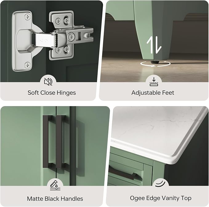 48 Inch Fully Assembled Bathroom Vanity with Sink, Sage Green | Modern Solid Wood Freestanding Vanity for Bathroom, Quartz Top & Backsplash, Soft-Close Doors, Dovetail Drawers, Bath Upgrade