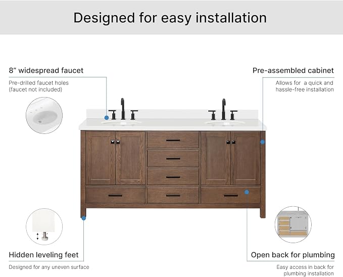 ARIEL Cambridge 72-inch Bathroom Vanity with Sink,Solid Wood, 1.5-inch Pure White Quartz Countertop & Backsplash, Double Oval Porcelain Sink, 4 Soft Closing Doors, 6 Dovetail Drawers, Brown Oak