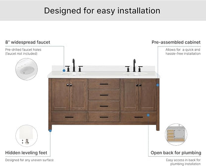 ARIEL Cambridge 72-inch Bathroom Vanity with Sink,Solid Wood, 1.5-inch Pure White Quartz Countertop & Backsplash, Double Oval Porcelain Sink, 4 Soft Closing Doors, 6 Dovetail Drawers, Brown Oak