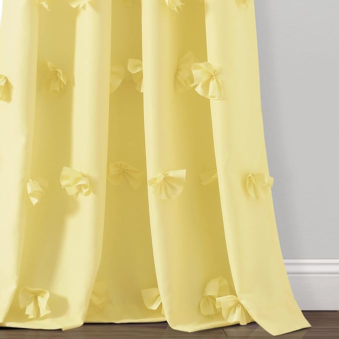 Lush Decor Riley Light Filtering Window Curtain Panel, Single 54" W x 84" L, Yellow - Cute Yellow Curtains for Bedroom - Bow Decor - Coquette Curtains for Windows