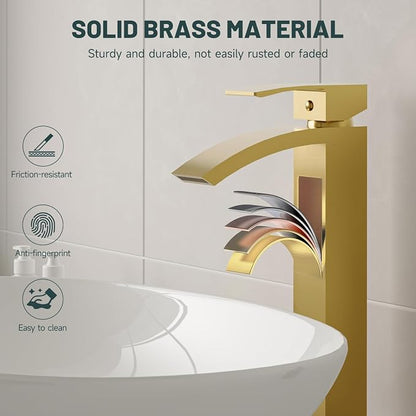 Brushed Gold Vessel Sink Faucet, Waterfall Bathroom Faucets | Brass, Tall Spout, Single Handle 1 Hole Bathroom Faucet, Modern Basin Taps with Supply Line, Pop Up Drain, Without Overflow