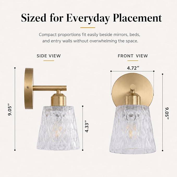1-Light Brushed Gold Bathroom Vanity Wall Sconces, 2-Pack Modern Stainless Steel Fixtures with Textured Glass Shades for Over-Mirror Lighting, E26 Sockets (Bulbs Not Included)