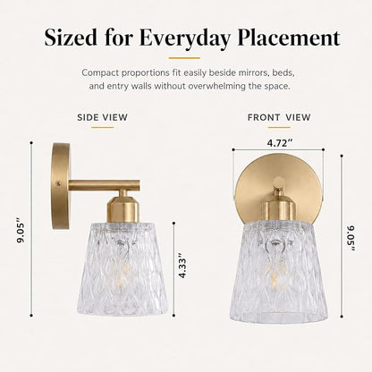 1-Light Brushed Gold Bathroom Vanity Wall Sconces, 2-Pack Modern Stainless Steel Fixtures with Textured Glass Shades for Over-Mirror Lighting, E26 Sockets (Bulbs Not Included)