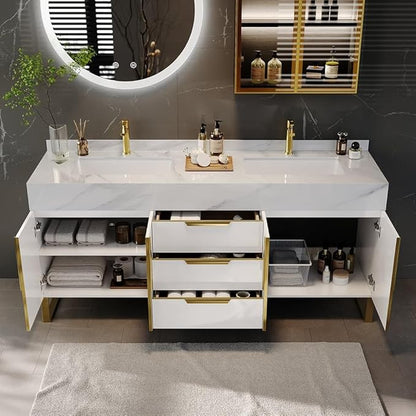 KunMai 59" White Freestanding Bathroom Vanity with Faux Marble Top, Double Ceramic Vessel Sinks, Floor-Standing Design, 3 Drawers for Storage, Modern Bathroom Cabinet with Gold Hardware Finish