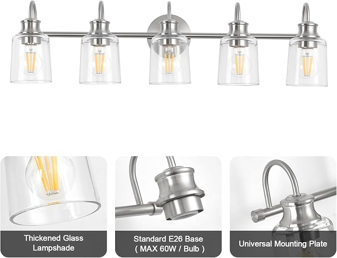 5 Lights Bathroom Light Fixtures Brushed Nickel Vanity Lights | ETL Certificate, Easy to Install,Wall Mount Up or Down,Thickened Glass Lampshade,E26 Socket,Hardwired