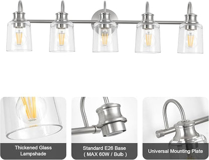 5 Lights Bathroom Light Fixtures Brushed Nickel Vanity Lights | ETL Certificate, Easy to Install,Wall Mount Up or Down,Thickened Glass Lampshade,E26 Socket,Hardwired