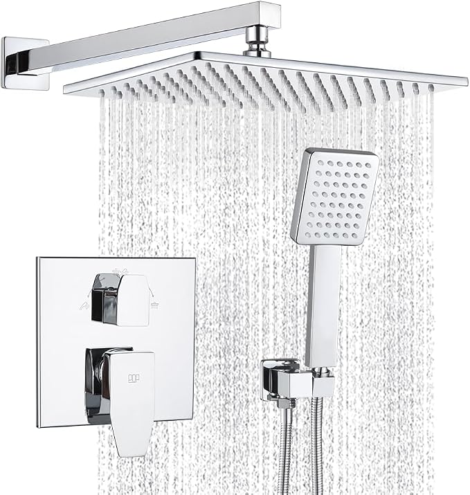 Shower Faucet Set Chrome 12 Inch Shower Head and Handle Set Bathroom Rain Shower System Wall Mounted Shower Fixture with Shower Valve and Trim Kit