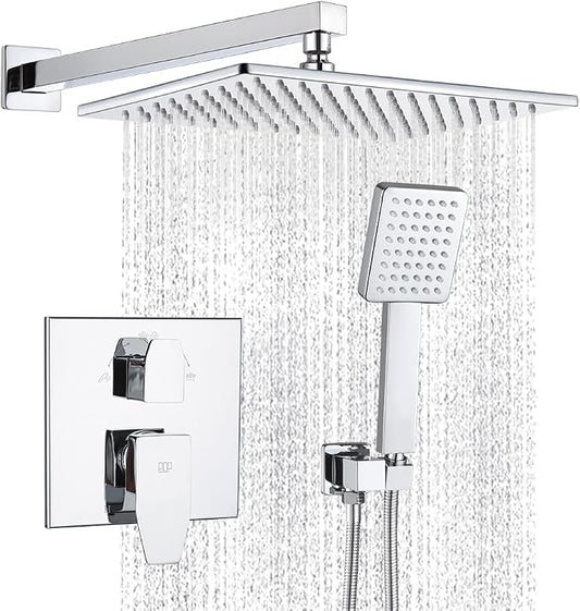 Shower Faucet Set Chrome 12 Inch Shower Head and Handle Set Bathroom Rain Shower System Wall Mounted Shower Fixture with Shower Valve and Trim Kit