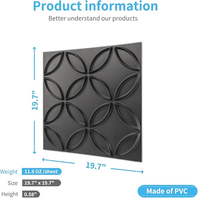 Art3d PVC 3D Wall Panel Interlocked Circles in Matt Black Cover 32 Sq.ft, for Interior Ceiling and Wall Decor for Residential or Commerical | Waterproof, Scratch Resistant, Wall & Ceiling Decor Panels, Ideal for Commercial Spaces