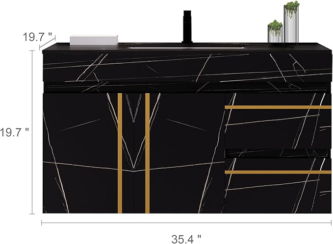 36“ Bathroom Vanity with Sink Set, Modern Black Wall Mounted Bathroom Vanity Cabinet with Faux Marble Countertop,Gold Handle 2 Drawers & 1 Cabinet, Single Sink Floating Bathroom Vanity