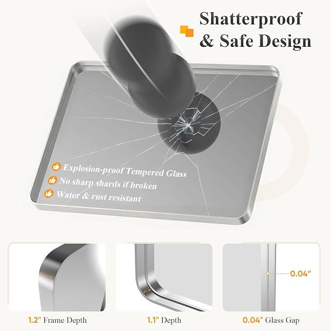Sweetcrispy Bathroom Mirror 32x28 Inch, Vanity Mirror for Wall | Metal Framed Rounded Rectangle, Over Sink, Farmhouse, Restroom, Anti-Rust, Horizontal or Vertical Hanging, Silver