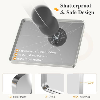 Sweetcrispy Bathroom Mirror 32x28 Inch, Vanity Mirror for Wall | Metal Framed Rounded Rectangle, Over Sink, Farmhouse, Restroom, Anti-Rust, Horizontal or Vertical Hanging, Silver