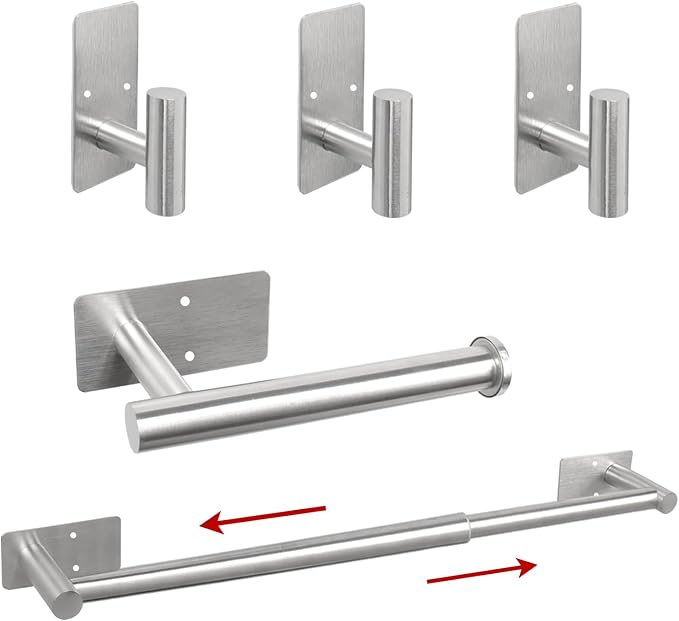 5 Pcs Self Adhesive Bathroom Hardware Set, Stainless Steel Towel Rack Set Include Adjustable 24In Bath Towel Bar+Toilet Paper Holder+3 Towel/Robe Hooks Bathroom Accessory Kit(Brushed Nickel)