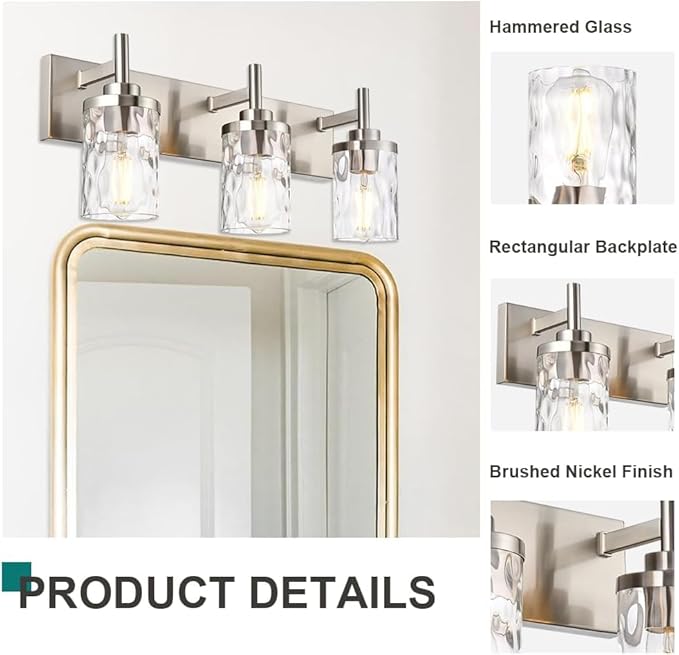 3 Light Bathroom Vanity Lighting Fixtures,Brushed Nickel VanityLighting with Clear Hammered Shade Wall Sconce Lighting Modern Farmhouse Bath Lighting